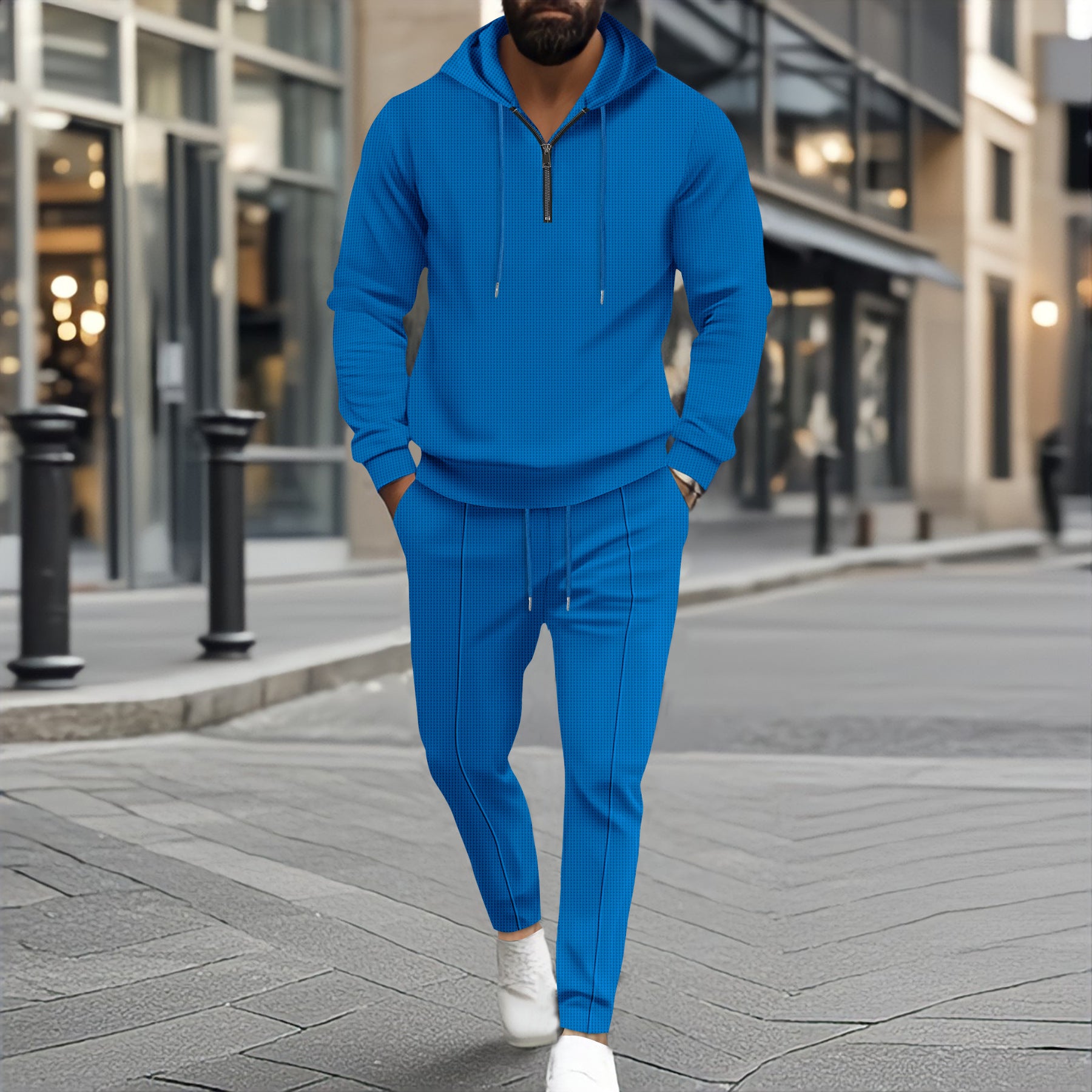 Waffle Hooded Small Zipper Casual Long Sleeve Pants Two-piece Suit