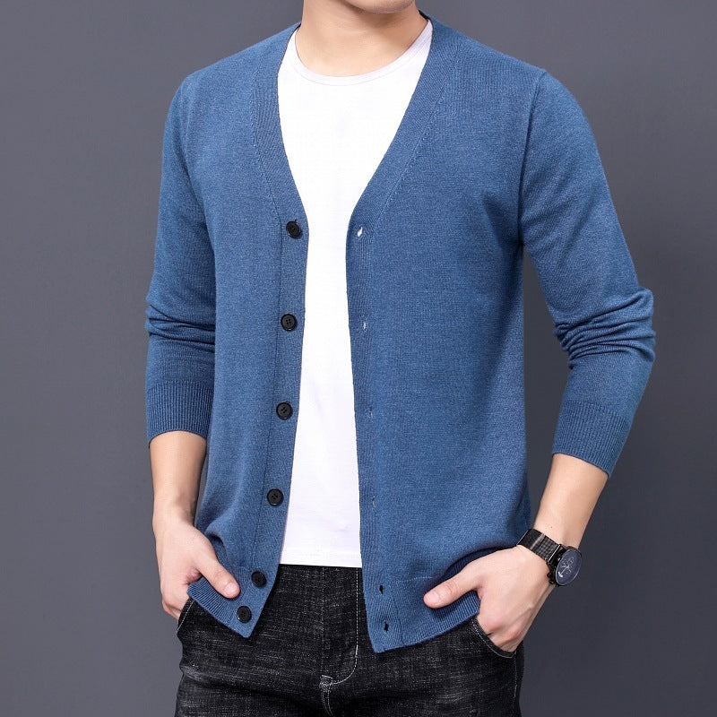 Men's Knitted Cardigan Solid Color And V-neck Basic Style Sweater Coat For Men